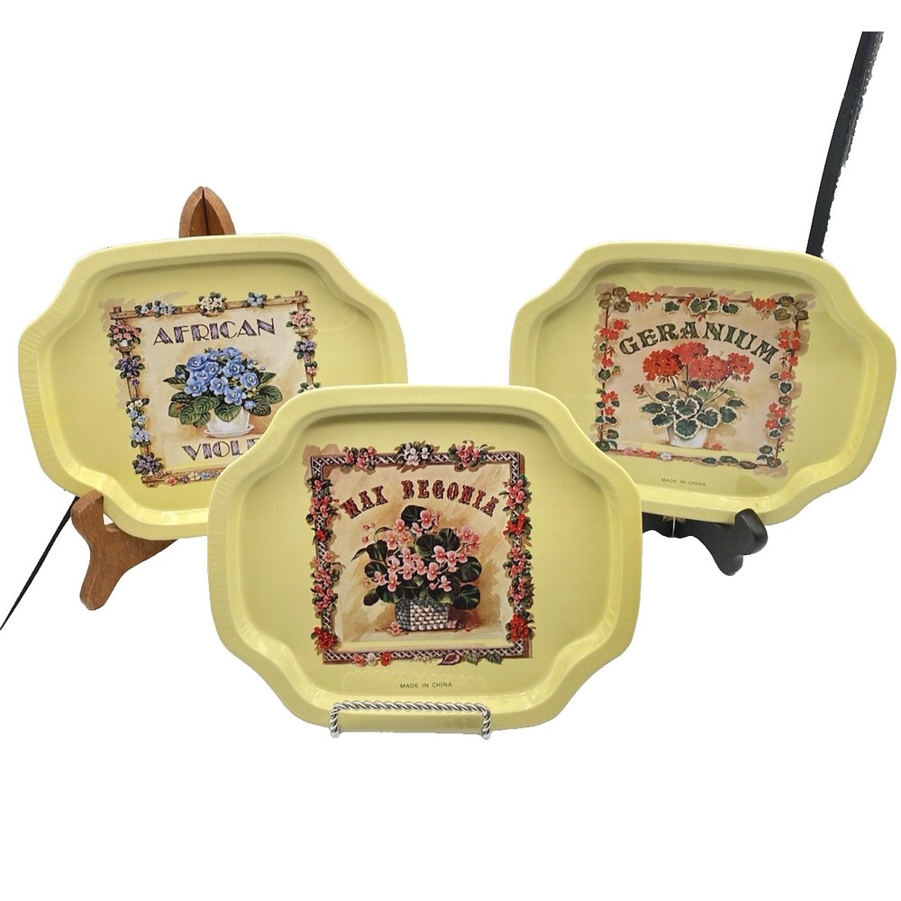 Vintage Set Of 3 Serving Snack TRAYS Floral Tin MCM Decor 6.5x4.5 Cottage Core